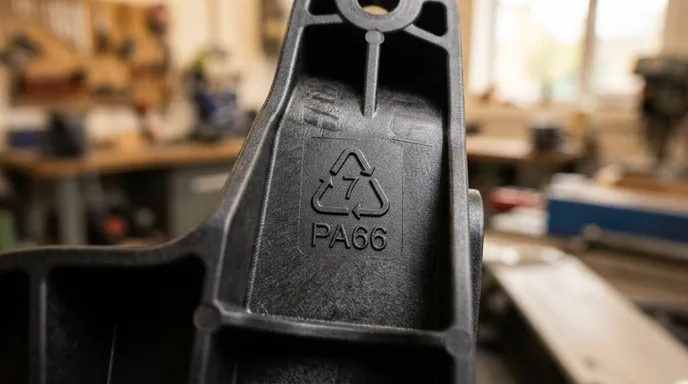 Молдинговая маркировка PA66 на тыльной стороне инженерной детали — рельефная надпись и треугольный код переработки