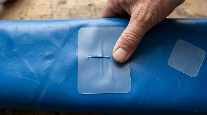 Прозрачный эластомерный патч Tear-Aid накрест на трещине в синей плёнке бассейна, прокатывается рукой