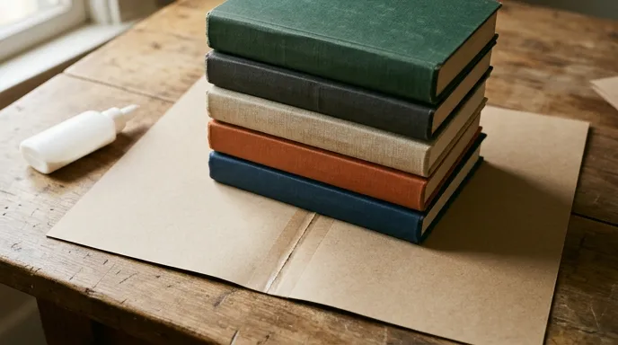 Склееный картонный разворот под прессом из тяжёлых книг на деревянной поверхности