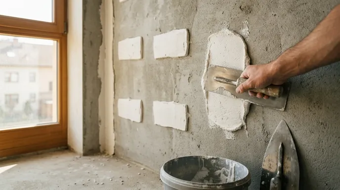 Лепёшки клея Knauf Perlfix наносят шпателем на прогрунтованную бетонную стену с шагом 30 см