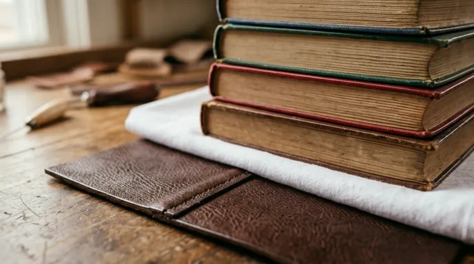 Готовый шов кожаного изделия под прессом из стопки книг для отверждения