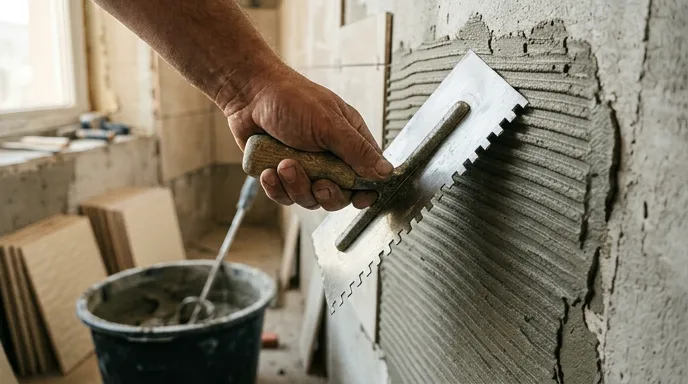 Нанесение плиточного клея зубчатым шпателем под углом 60° — параллельные борозды на стене