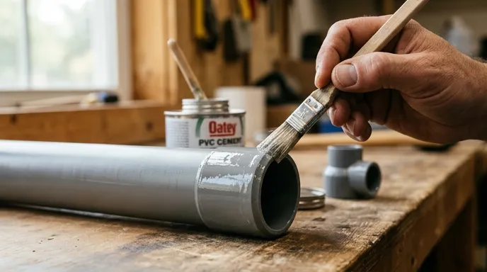 Кисточкой наносим тонкий равномерный слой PVC-цемента на внешнюю поверхность трубы