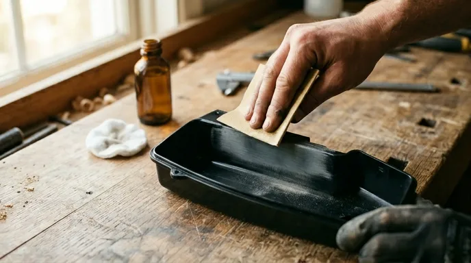 Шлифовка пластика наждаком и обезжиривание ватным диском со спиртом